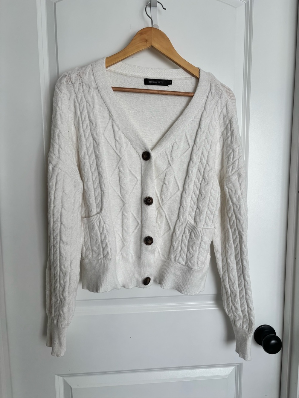 Cable Knit V-Neck Cardigan Sweater - White